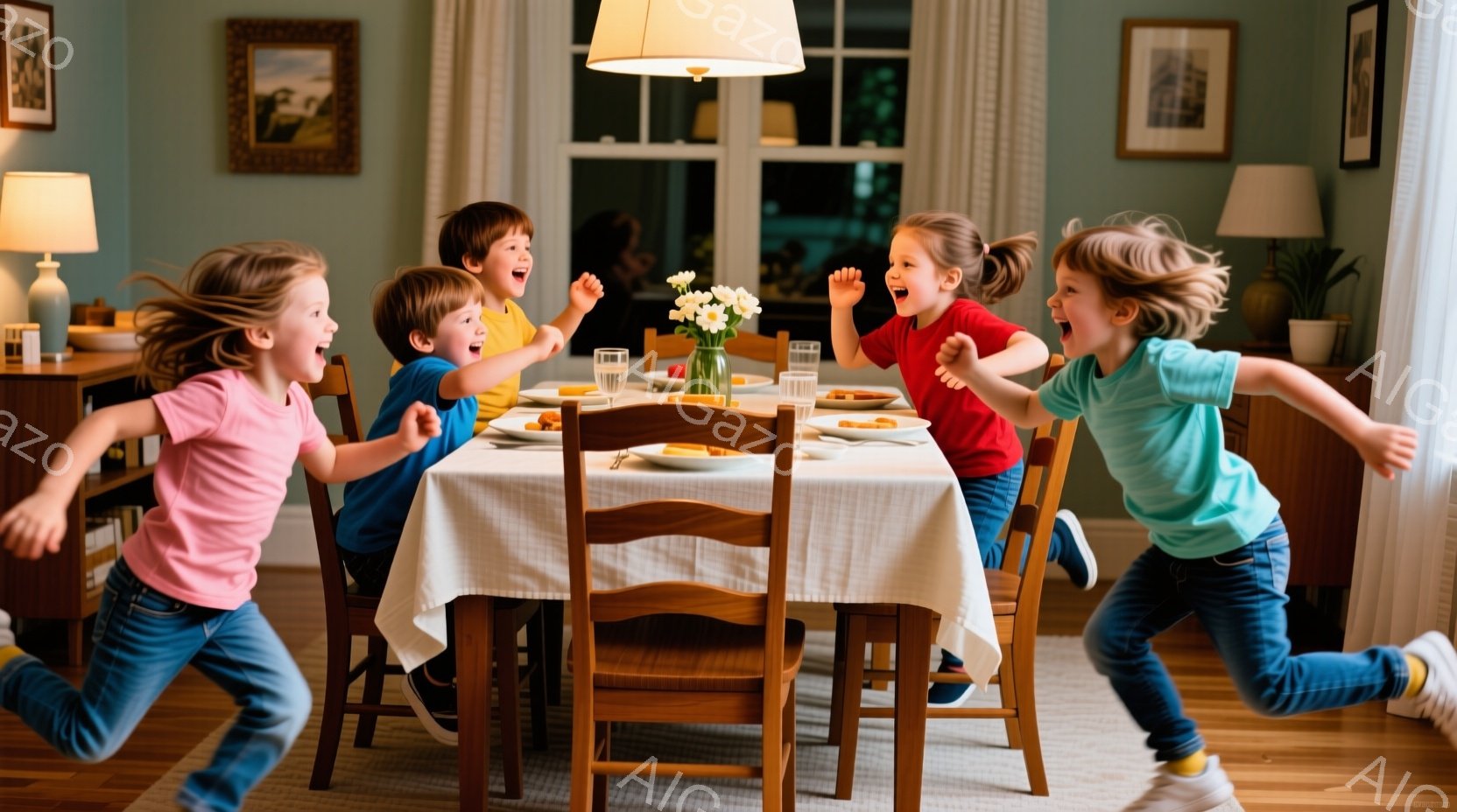 暖炉のあるダイニングルームで、幼い子供たちが夕食後の興奮で走り回っている様子が写されている。子供たちはそれぞれ赤、緑、青のTシャツとジーンズを着ており、笑顔で両手を上げて喜びを表現している。背景には窓から見える暗い夜景、そして花瓶に入った白い花が置かれた食卓が見える、暖かく幸せな雰囲気の写真である。