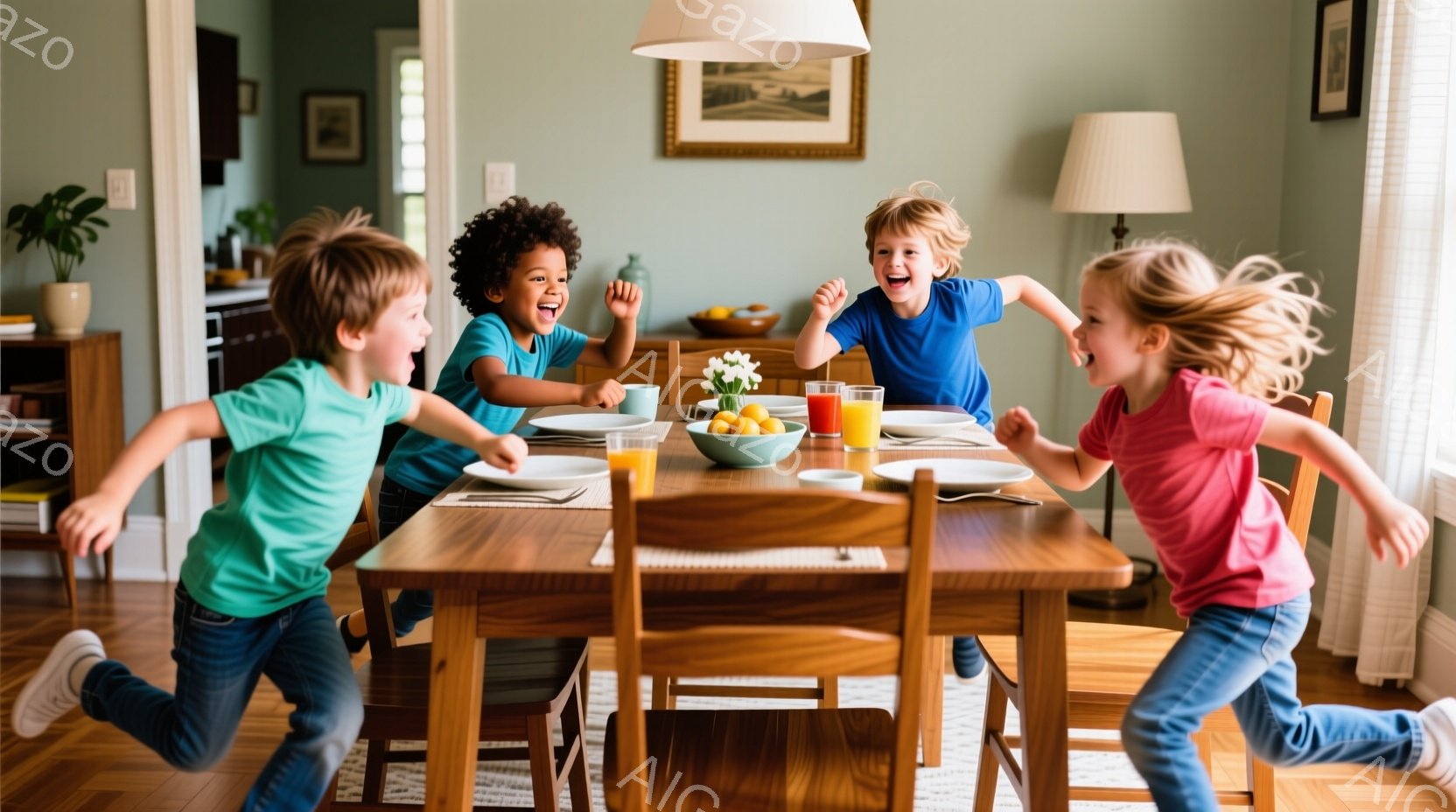 部屋の中には、4人の子供たちがダイニングテーブルを背景に走っている様子が写っています。子供たちはそれぞれ明るい色のTシャツとジーンズを着ており、笑顔で活発に走り回っています。背景には木製のダイニングテーブルと椅子、そして暖色系の壁があり、全体的に明るく、遊び心のある雰囲気が漂っています。