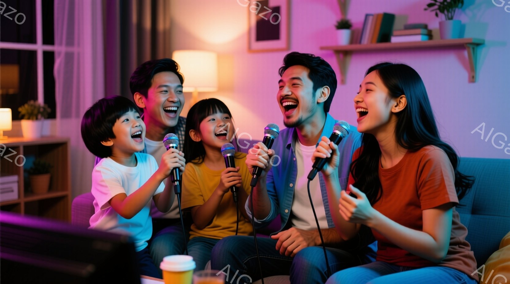 家族四人がソファーに座り、マイクを手に楽しそうに歌っている様子が写っている。子供たちはカラフルなTシャツを着ており、両親はカジュアルな服装で、皆笑顔で興奮している。背景には本棚や間接照明があり、室内は - AI生成フリー素材