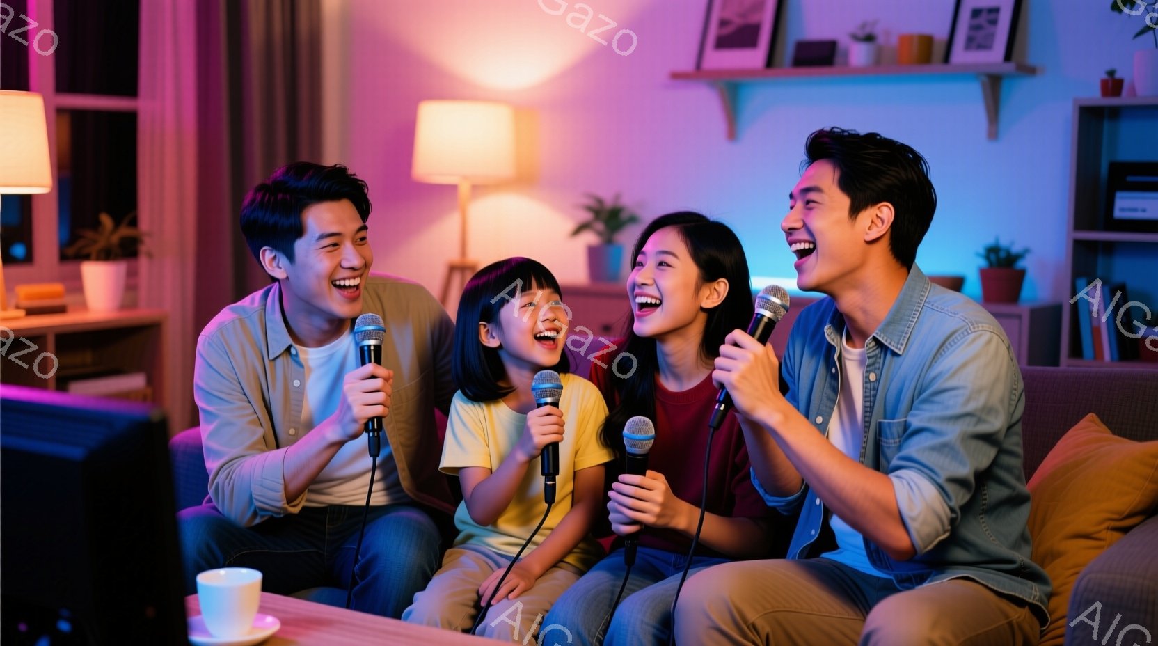 家族四人がソファに座り、カラオケを楽しんでいる様子が写っています。母親は黒髪で、父親と娘は短髪で、全員が笑顔でマイクを手に歌っています。背景には植物や装飾品が見え、室内は温かく、明るい雰囲気です。