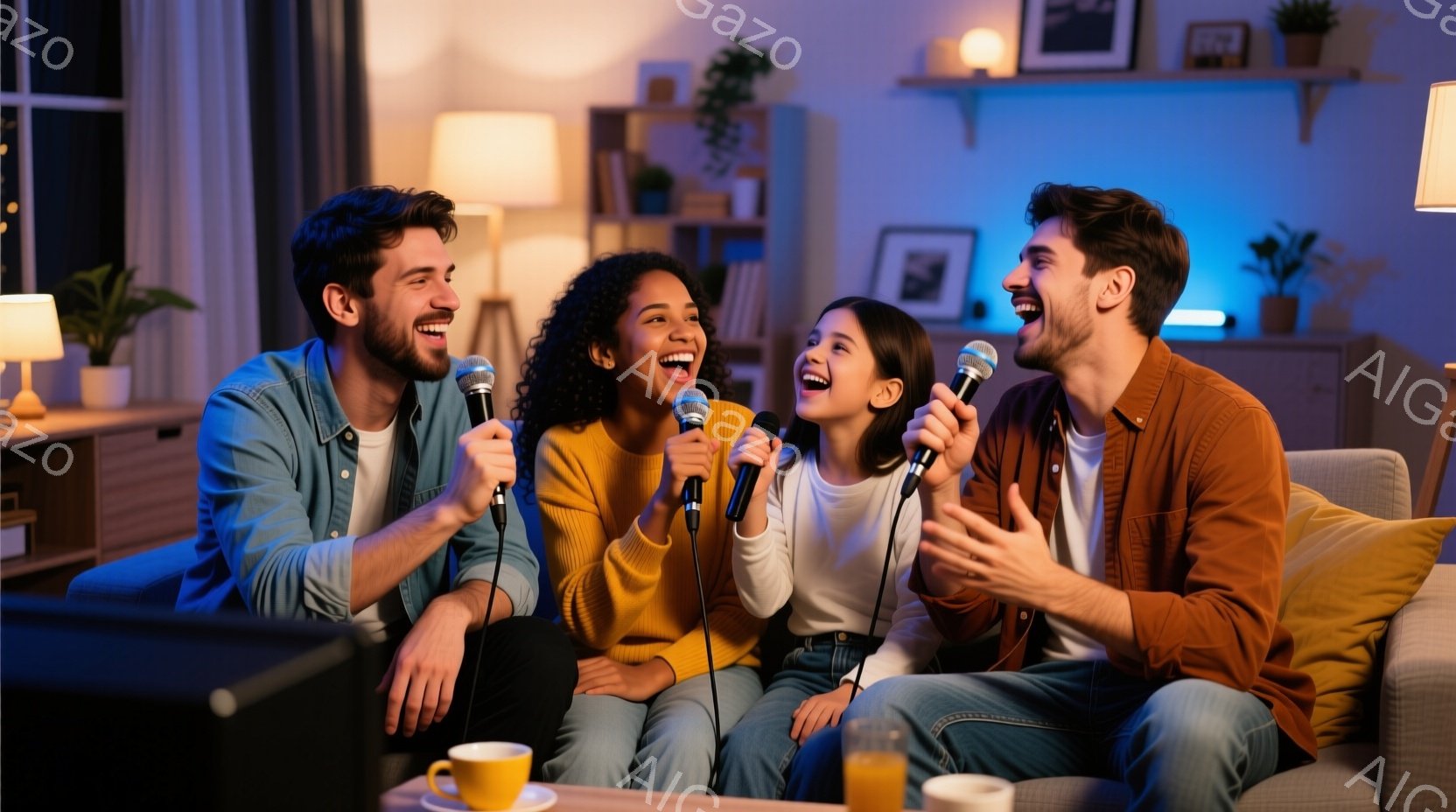 ソファに座った4人の家族がカラオケを楽しんでいる様子が写っている。全員がマイクを持ち、口を開けて歌っている姿から、陽気で楽しい雰囲気が伝わってくる。背景には、本棚や観葉植物、間接照明が見え、暖かく居心 - AI生成フリー素材
