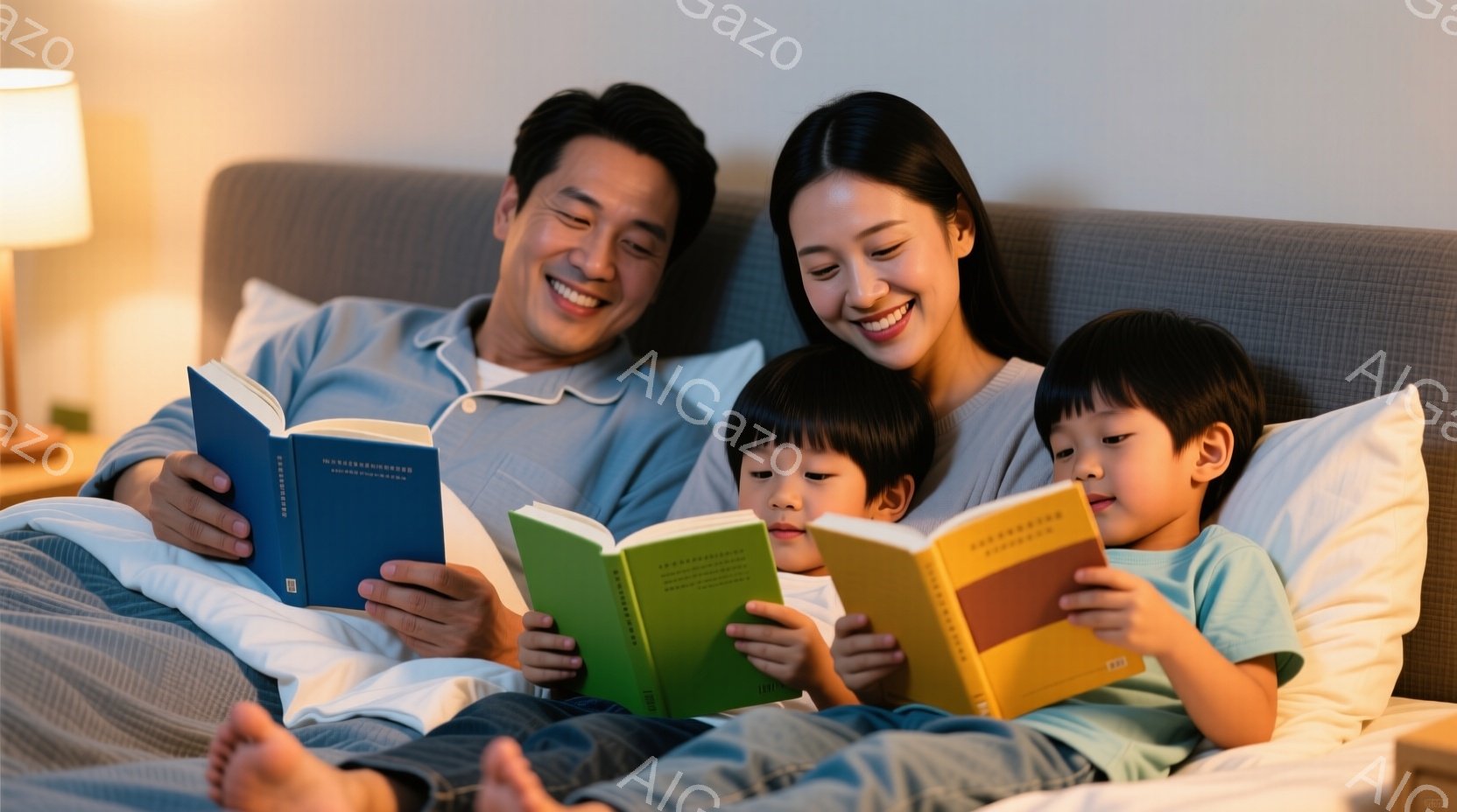 家族がベッドに横になり、それぞれ本を読んでいます。父親は青い表紙の本、息子は緑色、もう一人の息子は黄色の本を読んでおり、皆笑顔でリラックスした表情をしています。背景はベージュのヘッドボードで、穏やかで - AI生成フリー素材