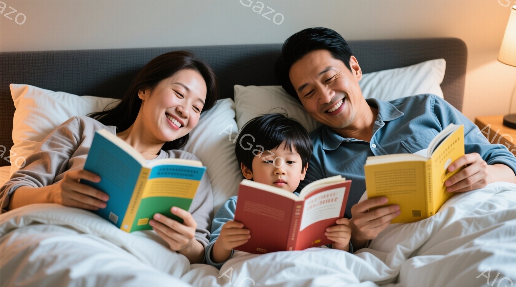 ベッドに横たわり、本を読んでいる家族が写っています。母親は明るい色の服を着て微笑んでおり、息子と父親も同じように本に集中し、穏やかな表情をしています。背景はシンプルで、リラックスした雰囲気の寝室で、暖色系の照明が家族を優しく照らしています。