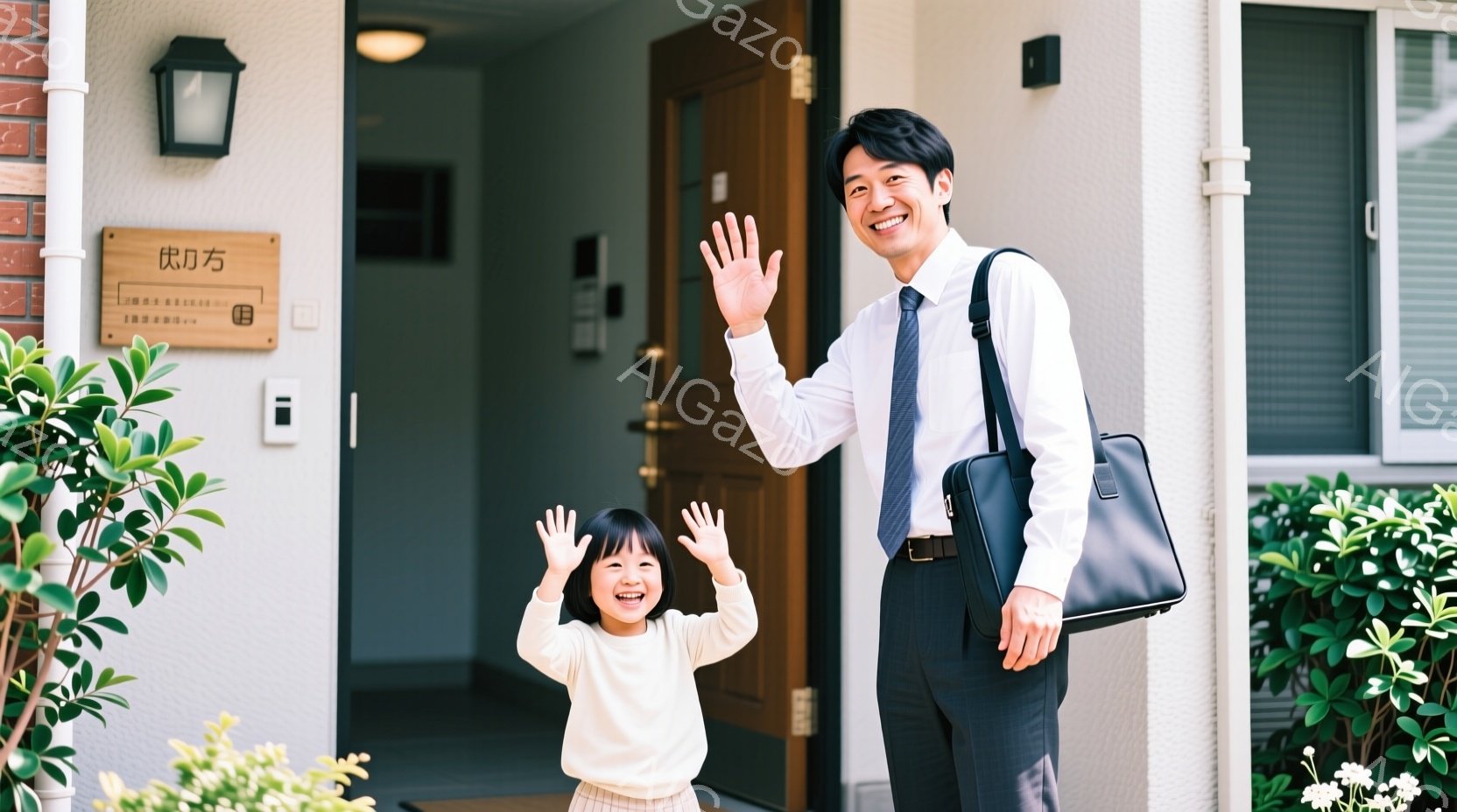 家の入り口で手を振っている若い女性と男性が写っています。女性は白いセーターを着て、笑顔で両手を上げています。男性はスーツ姿で、ネクタイを締め、肩にバッグをかけ、笑顔で手を振っています。