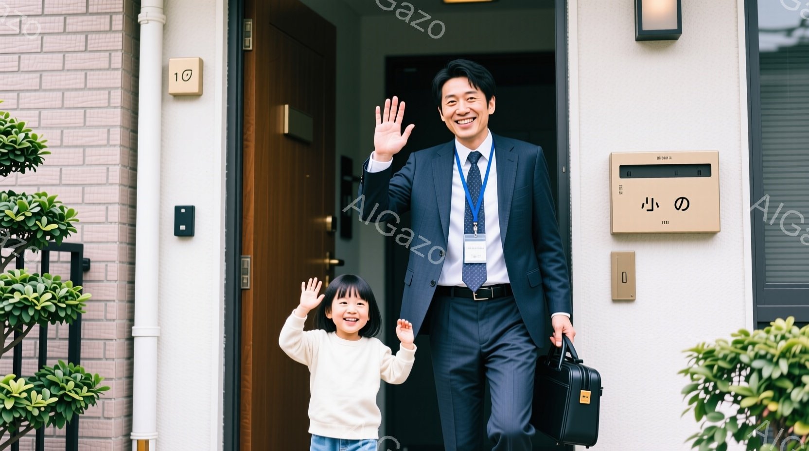 玄関のドアの前で、若い男性と小さな女の子が写っています。男性は紺色のスーツにネクタイ、そしてIDカードを着用し、片手にバッグを持って笑顔で手を振っています。女の子は白いセーターを着ており、同じように笑顔で手を振っています。背景には白い壁と整えられた緑の茂みが確認でき、明るい日差しが差し込んでおり、温かく幸せな雰囲気が漂っています。