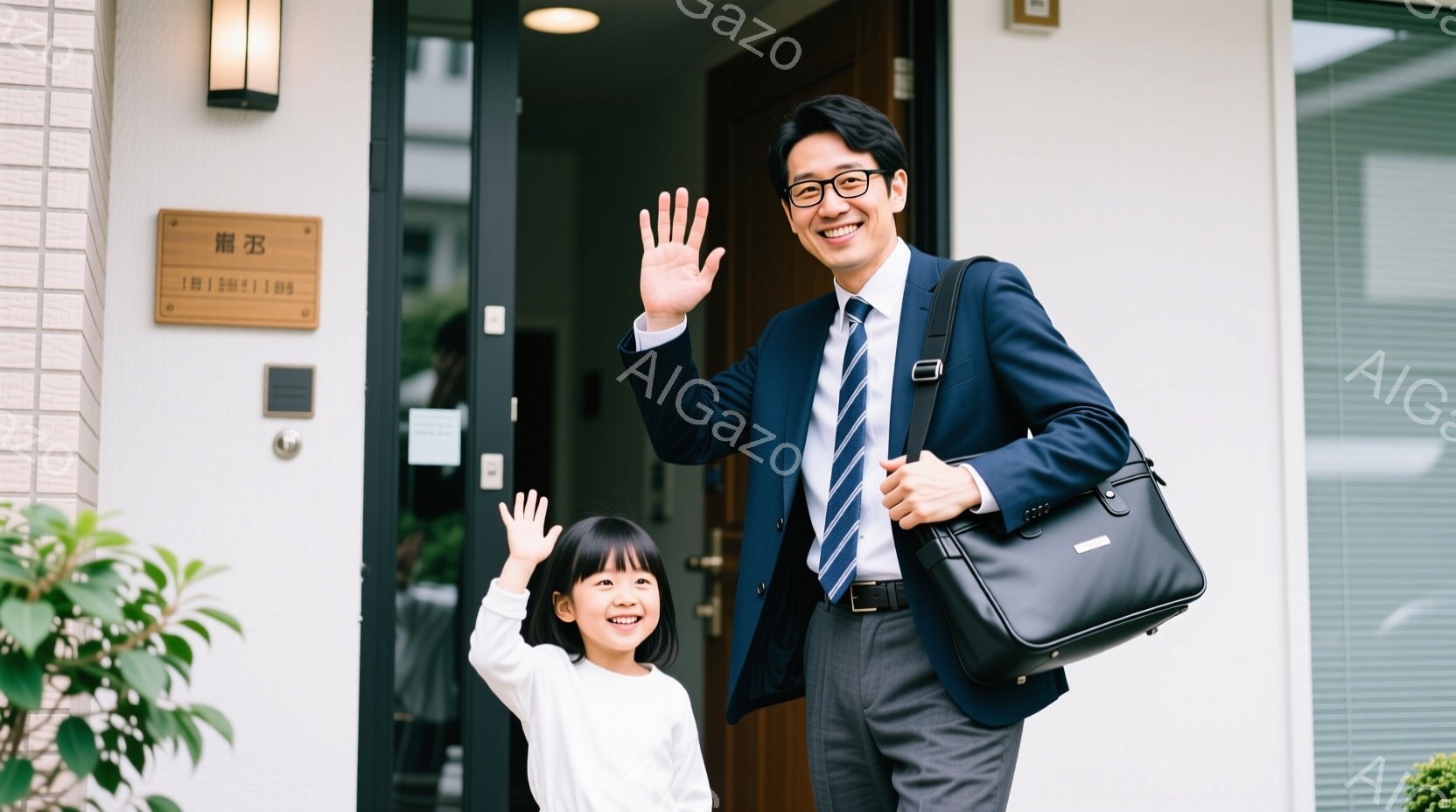 幼い女の子と、ビジネススーツを着た男性が家の入り口で立っています。男性は紺色のスーツに青いネクタイを締め、片肩に黒いバッグをかけて、笑顔で手を振っています。女の子は白い服を着ており、同じように笑顔で手を振っています。背景には、明るい色の建物と緑の植物が見え、晴れた日の穏やかな雰囲気が伝わってきます。
