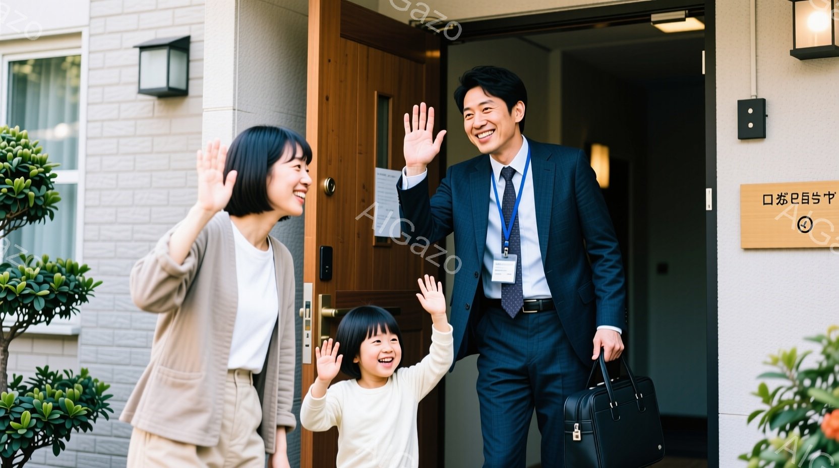 玄関のドアの前で、女性と幼い女の子、そして男性が手を振っています。女性はベージュ色のジャケットを着ており、長い髪を後ろに流しています。男性は紺色のスーツにネクタイ、そして黒いバッグを持ち、笑顔でドアから出てきています。