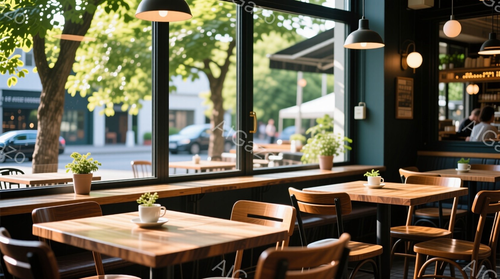 日当たりの良いカフェの内部で、木製のテーブルと椅子が整然と並べられています。窓の外には緑豊かな木々や街並みが広がり、明るい日差しが差し込んでいます。テーブルの上には小さな観葉植物とコーヒーカップが置か - AI生成フリー素材