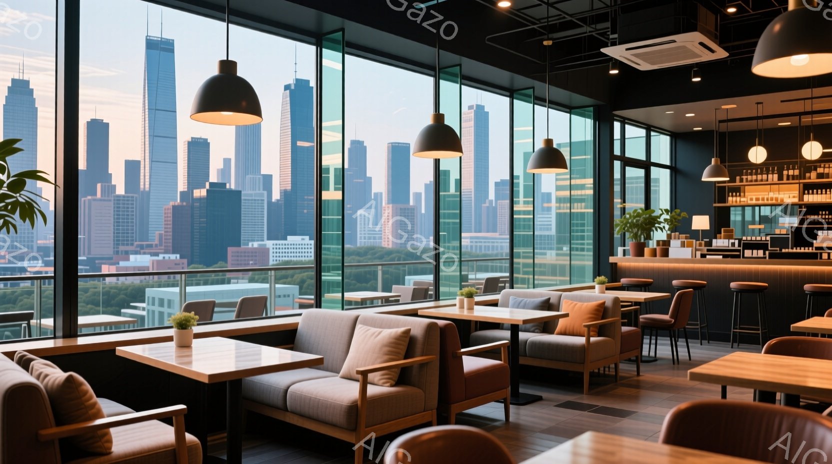 広々としたカフェの内部で、大きな窓からは高層ビル群が広がる都市の景色が見渡せる。木製のテーブルとソファ席が配置され、落ち着いた雰囲気を醸し出している。背景の建物は夕焼けに照らされ、暖かい光が差し込んでいる。