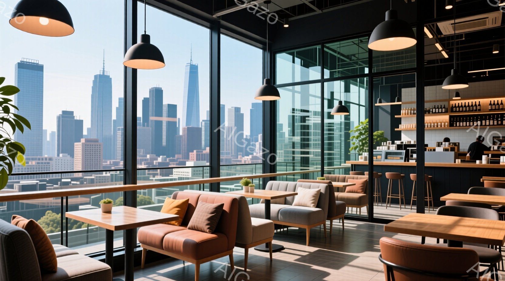 広々としたカフェの内部で、大きな窓から高層ビル群が望める景色が広がっています。明るい木製のテーブルとソファ席が配置され、モダンで落ち着いた雰囲気が漂います。カウンターにはバリスタがおり、準備をしている様子が見えます。