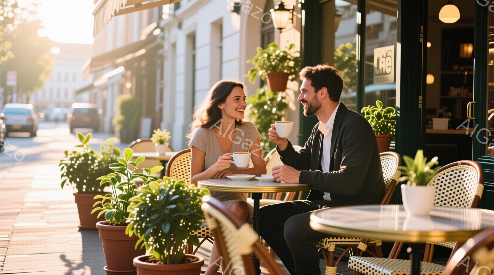 街のカフェのテラス席で、若い男女が向かい合ってコーヒーを楽しんでいます。女性はブロンドのロングヘアで、ベージュ色のトップスを着て微笑んでおり、男性はダークスーツに身を包み、コーヒーカップを手に女性を見つめています。背景には石畳の道、緑豊かな植物、そして柔らかな日差しが差し込む建物があり、温かくロマンチックな雰囲気を醸し出しています。