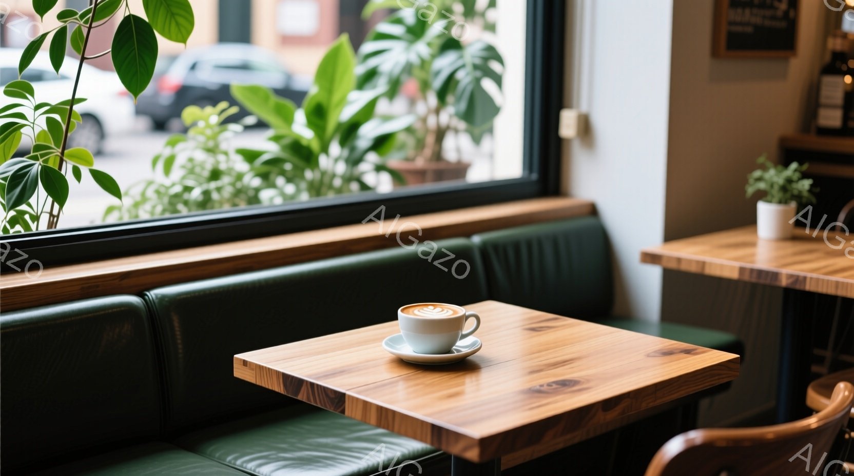 窓際の木製のテーブルの上に、ラテアートが施された白いカップとソーサーが置かれています。背景には緑色のベンチシートと、様々な種類の植物が並んだ窓外の風景が見えます。全体的に落ち着いた暖色系の色調で、リラックスできるカフェの雰囲気が漂っています。