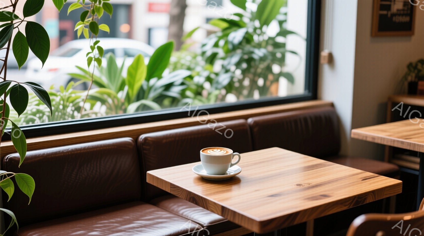 窓際の茶色のレザーソファに面した木製のテーブルに、ラテアートが施された白いカップとソーサーが置かれている。背景には緑豊かな植物と外の建物のぼやけた景色が見え、カフェの落ち着いた雰囲気を醸し出している。全体的に暖色系の色調で、リラックスできる空間が表現されている。