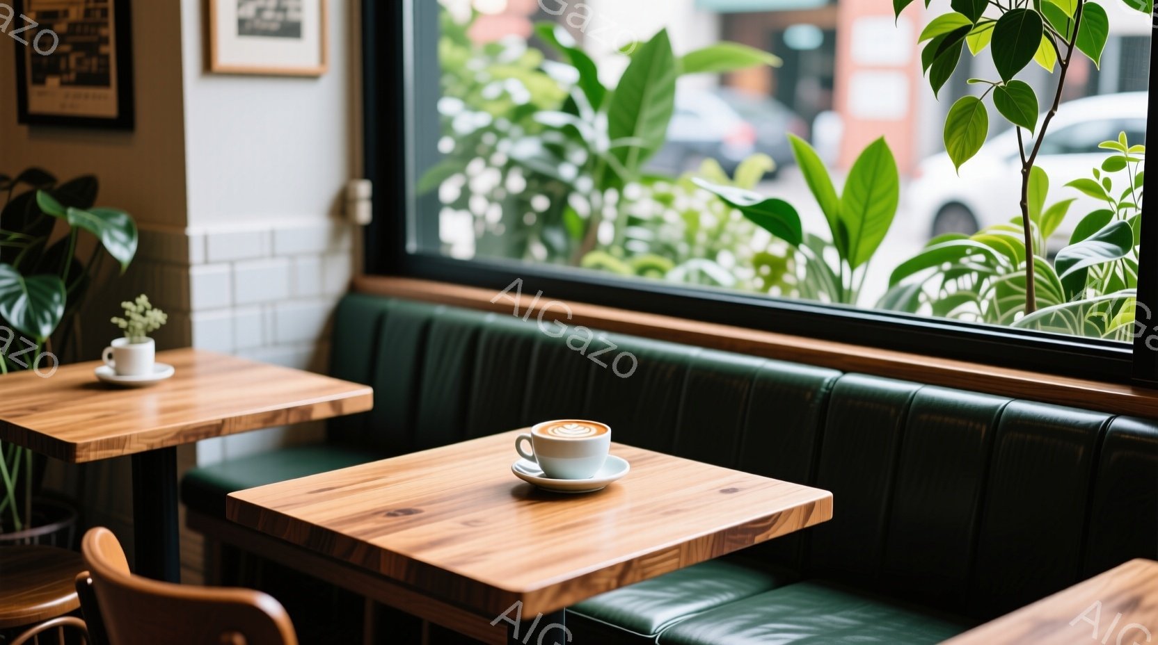 木目調のテーブルの上に、ラテアートが施されたコーヒーカップが置かれている。背景には、緑色のソファ席と大きな窓があり、窓の外には緑豊かな植物が見えるため、落ち着いたカフェの雰囲気が漂っている。日差しが柔 - AI生成フリー素材