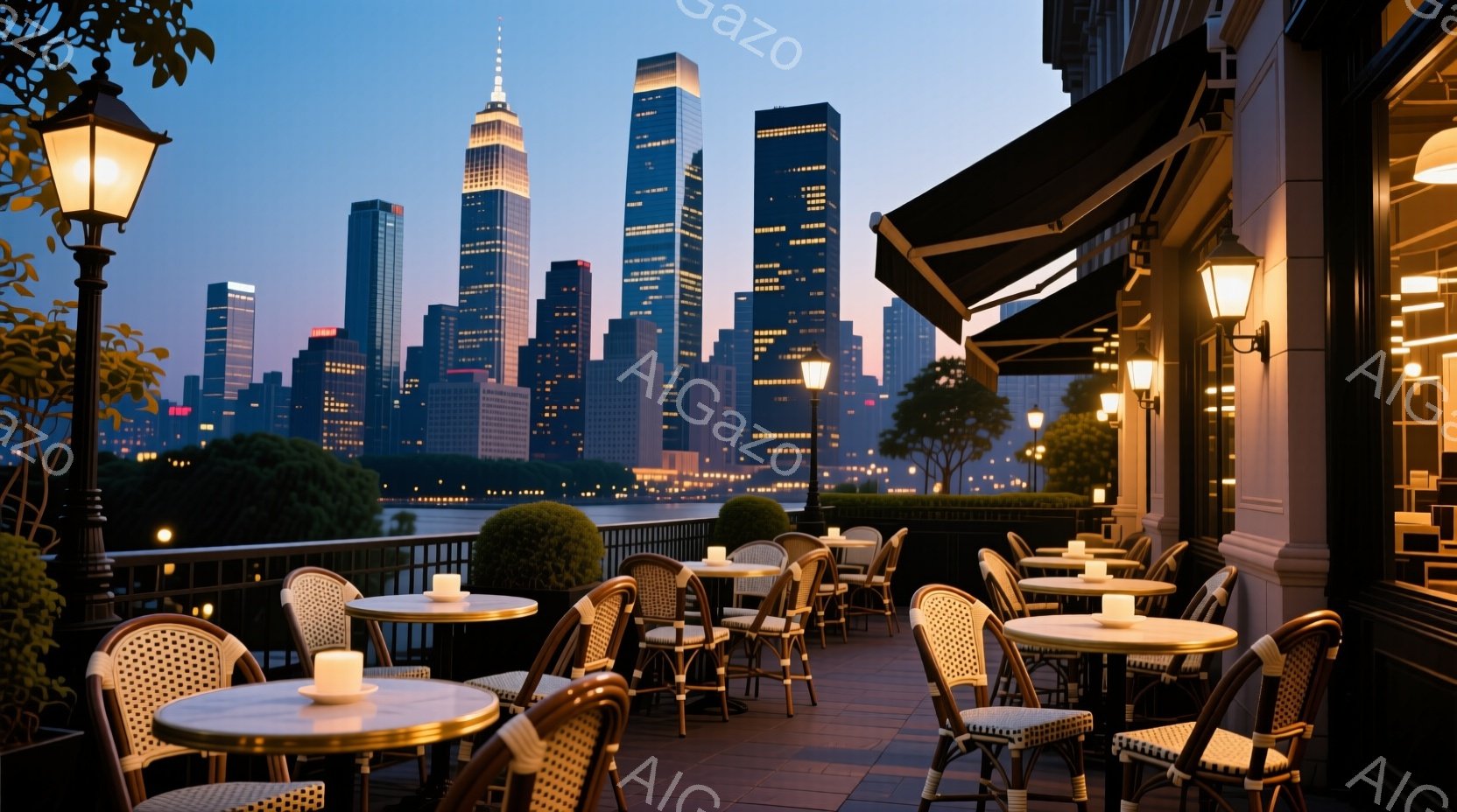 夜景を背景にした、屋外のカフェのテラス席が写っている。テーブルにはキャンドルが灯され、パリ風の椅子が並べられており、落ち着いた雰囲気である。遠くにはニューヨークの摩天楼が広がり、夕暮れ時の空がその風景 - AI生成フリー素材