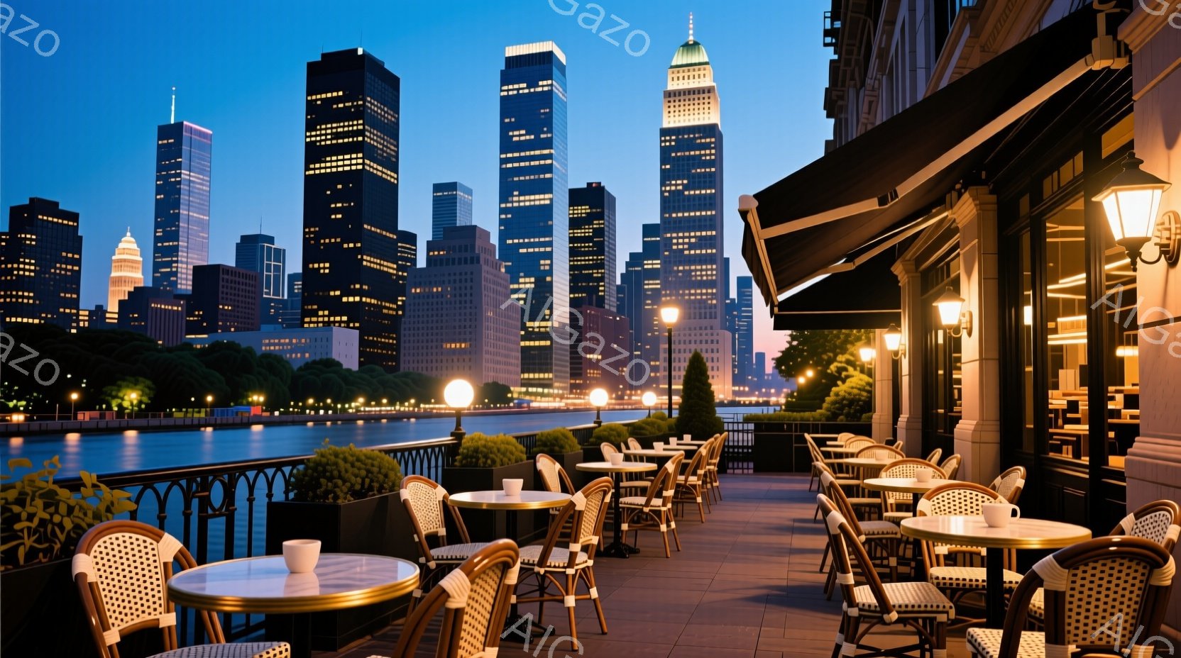 ニューヨークの夜景を背景にした、屋外のカフェテラスが写っている。テーブルと椅子が整然と並べられ、夕暮れ時の空と高層ビル群の明かりが美しく、落ち着いた雰囲気を醸し出している。手入れの行き届いた植木や装飾がテラスの雰囲気をさらに高めている。