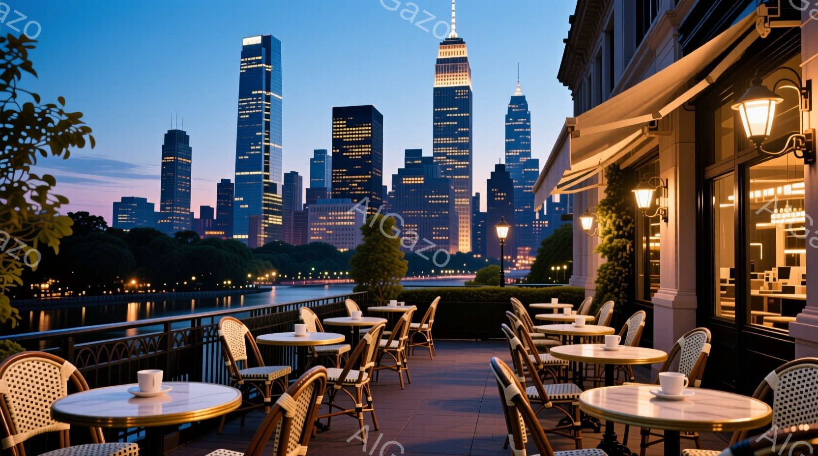 広々としたテラス席には、円形のテーブルと籐の椅子が整然と並べられており、それぞれにコーヒーカップが置かれています。背景には、夕暮れ時の摩天楼がシルエットのように浮かび上がり、穏やかな水面がその姿を映し - AI生成フリー素材