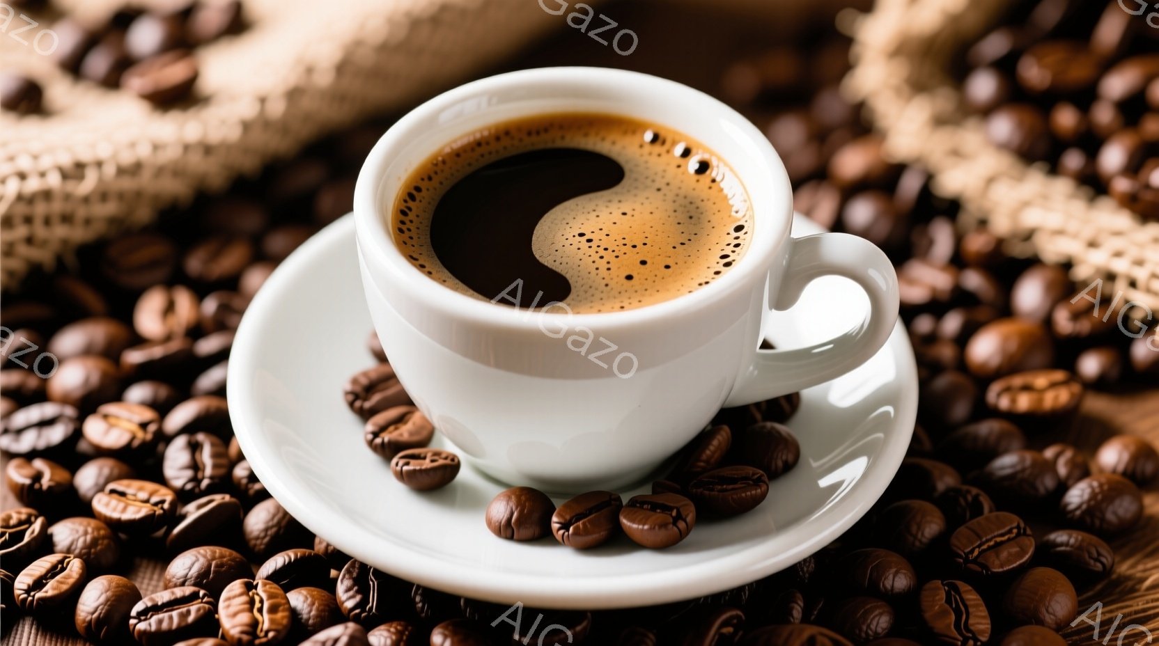 白いカップとソーサーが、茶色のコーヒー豆の上に置かれています。背景には麻袋のような素材が見え、コーヒー豆の自然な色合いとカップの白が際立っています。全体的に温かく、コーヒーの香りが漂ってくるような雰囲気です。