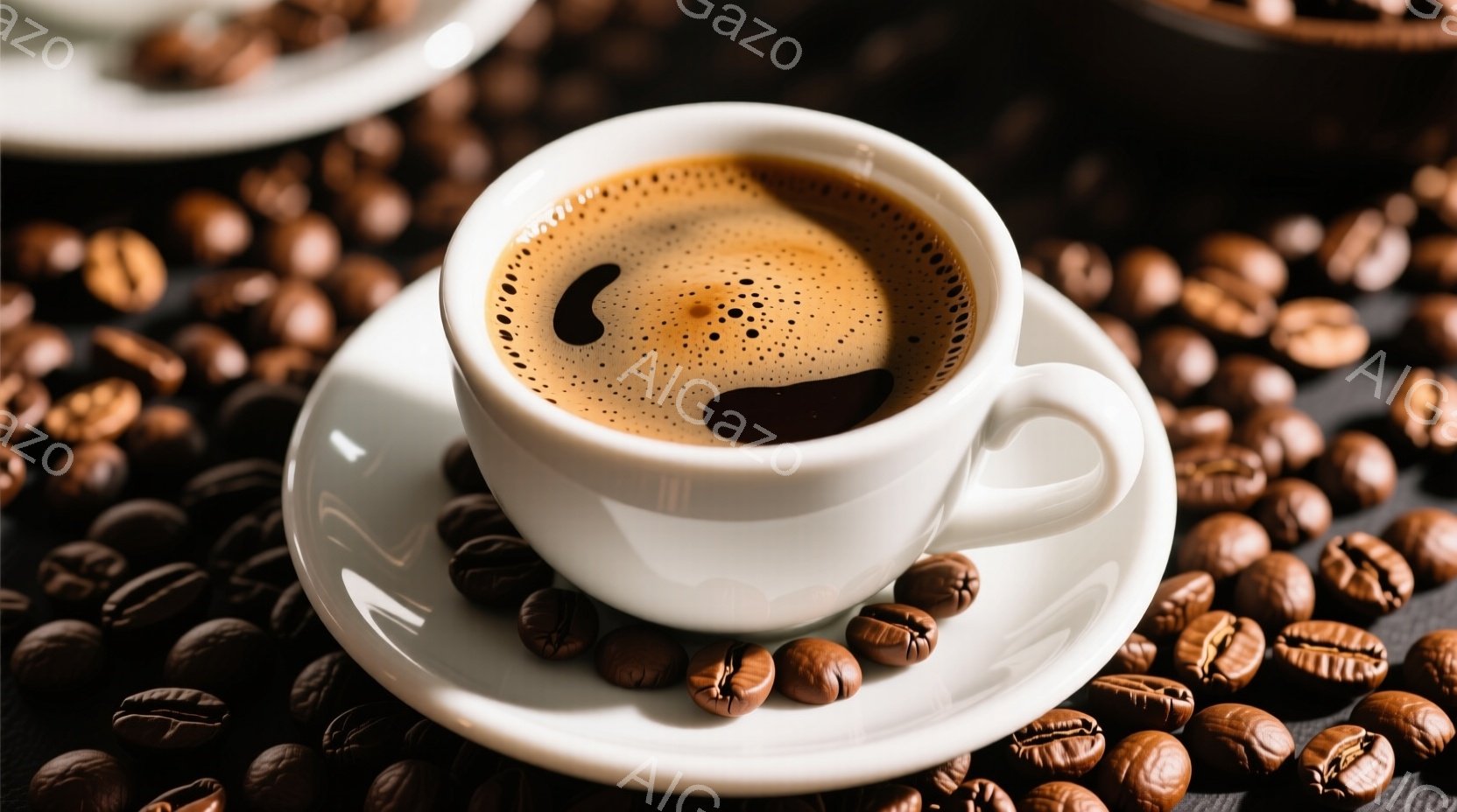 白いカップとソーサーに、濃い茶色のコーヒーが注がれており、表面にはきめ細かい泡が広がっています。カップの周囲には、焙煎されたコーヒー豆が散りばめられており、濃い茶色と光沢のある質感が印象的です。 全体的に、暖かく落ち着いた雰囲気で、コーヒーの香りが漂ってくるような、心地よい情景です。