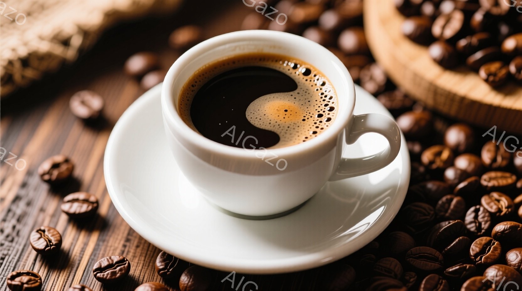 白いカップが白いソーサーの上に置かれ、中には濃いコーヒーが満たされている。カップの周りには、焙煎されたコーヒー豆が散りばめられており、木製のテーブルの上で温かい雰囲気を醸し出している。全体的に、コーヒーの豊かな香りと落ち着いた雰囲気が感じられる、シンプルな構成の静物画である。