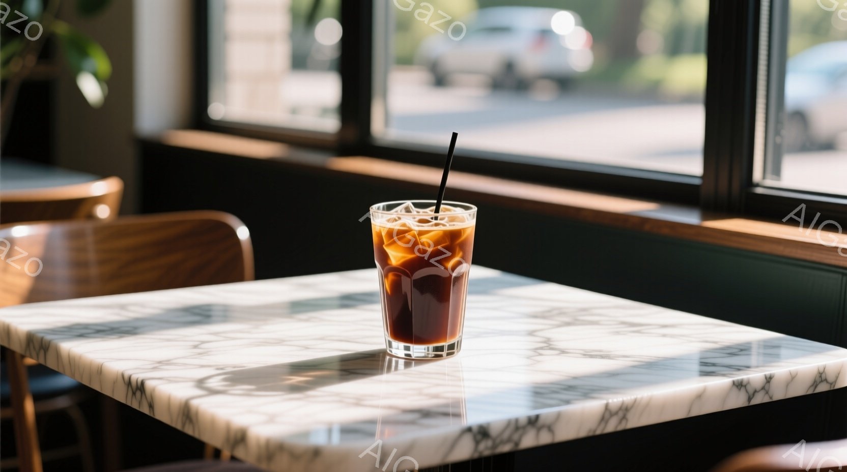 大理石のテーブルの上に氷入りのコーヒーが置かれており、ストローが差し込まれています。窓から差し込む光がテーブルに縞模様を作り出し、背景にはぼんやりと街並みが見えます。明るく落ち着いた雰囲気で、カフェや - AI生成フリー素材