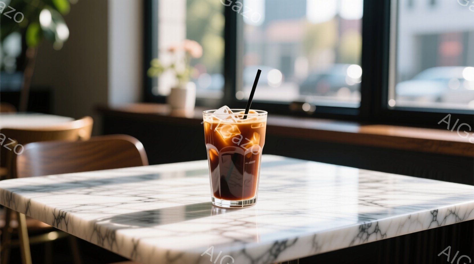 大理石のテーブルの上にアイスコーヒーが置かれている。窓から差し込む光がテーブルに模様を作り、背景にはぼやけた街並みが見える。全体的に落ち着いた雰囲気で、カフェの静かな一角を切り取ったような写真である。 - AI生成フリー素材