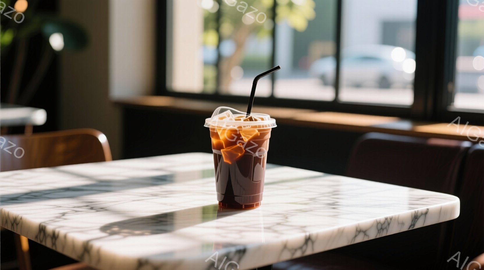 大理石模様のテーブルの上に、氷が入ったプラスチック製のコップに入った冷たい飲み物が置かれています。強い光が差し込み、テーブルに影を作り、飲み物の周りに光の筋が走っています。背景には、椅子と窓が見え、暖かく落ち着いた雰囲気を感じさせます。