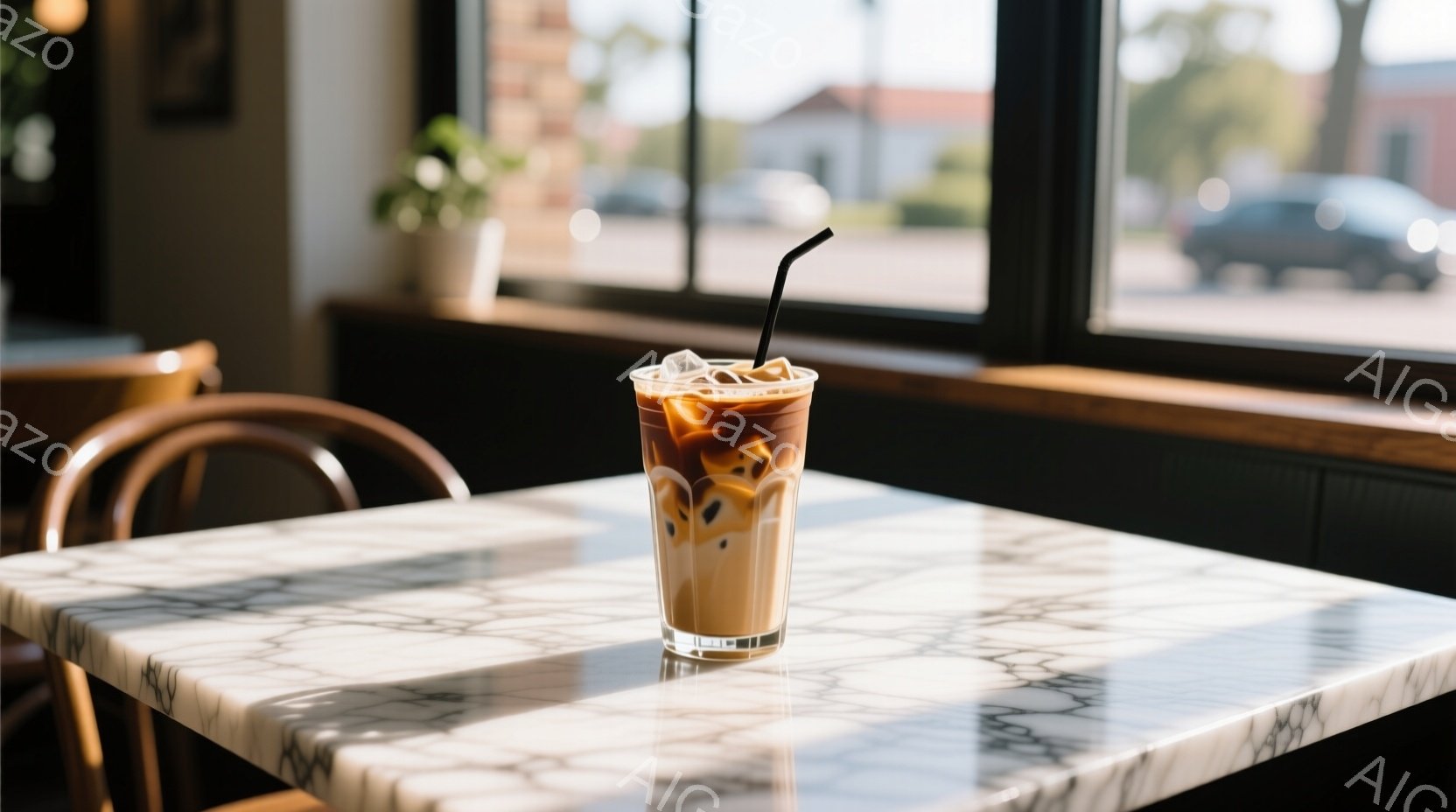 大理石模様のテーブルにアイスコーヒーが置かれ、ストローが挿さっています。窓の外には建物と道路が見え、日差しが差し込んでテーブルに影を作っています。落ち着いた雰囲気で、カフェや休憩スペースの一場面を表し - AI生成フリー素材