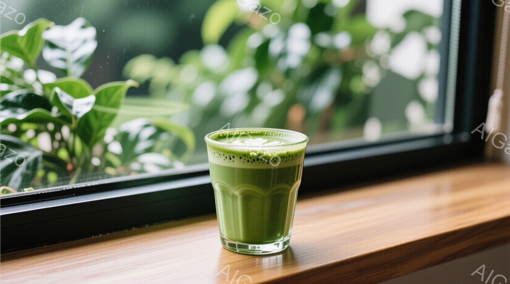 緑色のグラスに入った抹茶ラテが、木製の窓枠に置かれています。窓の外には緑豊かな植物が見え、光が差し込み、落ち着いた雰囲気を醸し出しています。この一杯は、リラックスした午後のひとときにぴったりのようです - AI生成フリー素材