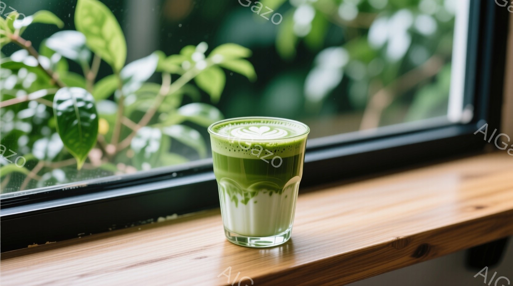 黒い枠の窓辺に置かれたグラスに入った抹茶ラテが写っている。抹茶ラテには美しいラテアートが施されており、グラスは木製の棚の上に置かれている。背景には緑豊かな植物が見え、自然光が差し込み、穏やかでリラックスした雰囲気を醸し出している。