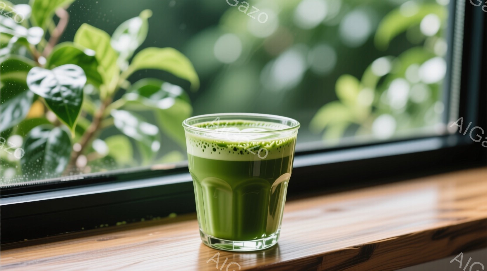 窓辺に置かれた透明なグラスに、鮮やかな緑色の液体が入っています。背景にはぼやけた緑の植物が見え、自然光が差し込んでおり、静かで穏やかな雰囲気が漂っています。木製の窓枠が暖かみを加え、リラックスしたひと - AI生成フリー素材