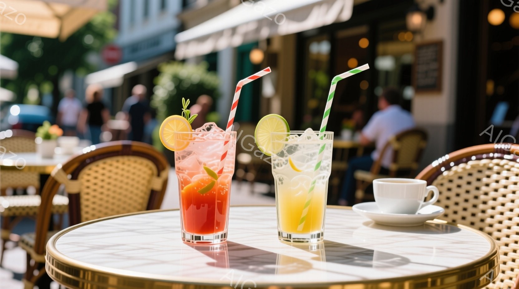 テーブルの上には、鮮やかな赤いカクテルとオレンジ色のドリンクが並んでおり、それぞれにライムやオレンジのスライスが飾られています。背景には、パリのカフェと思しき石畳の道と建物が見え、人々が優雅に食事を楽しんでいる様子が伺えます。全体として、晴れた日の午後の穏やかで洗練された雰囲気が漂っています。