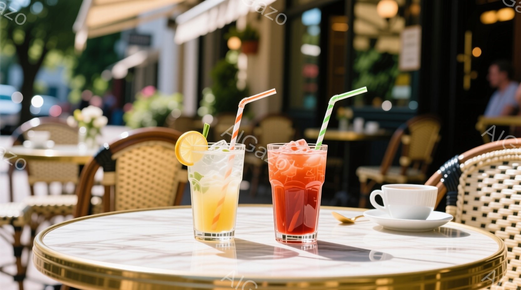 テーブルの上には、レモンとミントが入ったオレンジ色のドリンクと、赤いフルーツが入った赤いドリンクの2つのグラスが置かれています。背景には、カフェの椅子、植物、そして晴れた日の通りが見え、パリのカフェのような雰囲気です。全体的に、明るく爽やかな夏の日の午後のカフェの情景が描かれています。