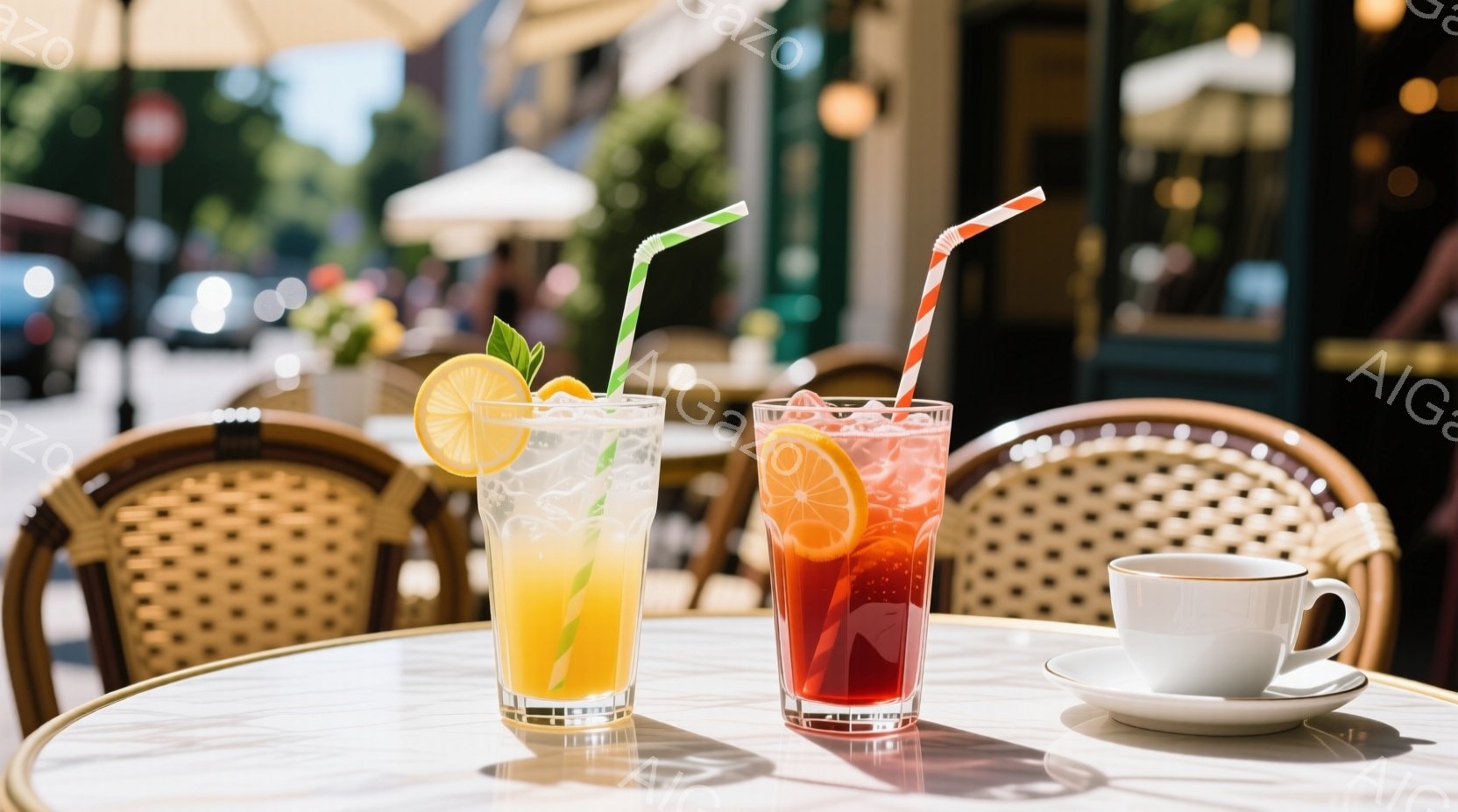 テーブルの上には、レモンとミントを飾った黄色い飲み物と、オレンジのスライスが入った赤い飲み物がグラスに入って並べられています。背景には、籐の椅子と、ぼやけた街並みが見え、晴れた日のカフェテラスのような穏やかな雰囲気が漂っています。白いカップとソーサーもテーブルに置かれ、リラックスした午後のひとときを思わせます。