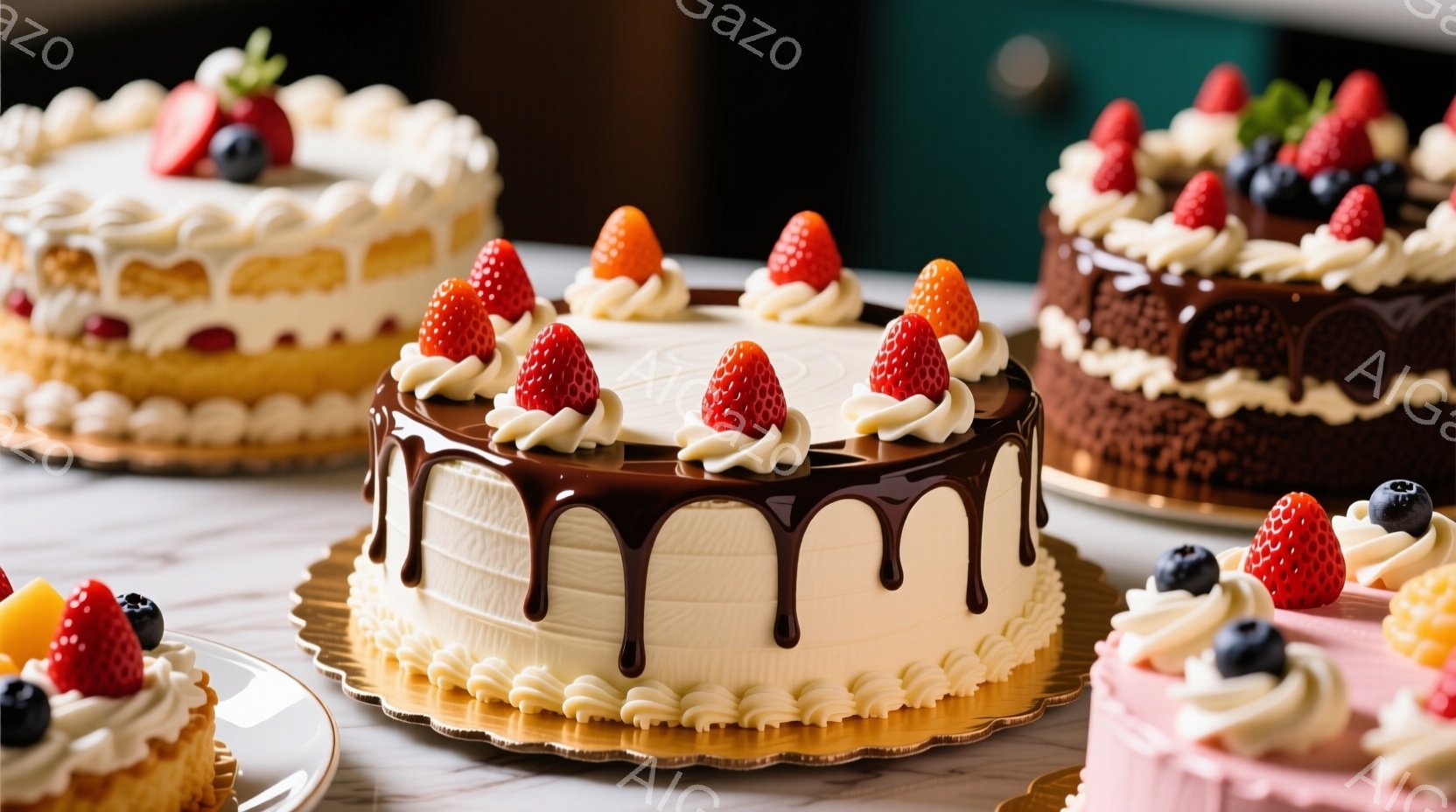 複数のケーキが白い大理石風のテーブルの上に並べられています。それぞれのケーキはクリームとベリーで飾られており、特に一つはチョコレートソースが垂れ下がったデザインになっています。全体的に明るく、甘くておいしそうな雰囲気が漂っています。