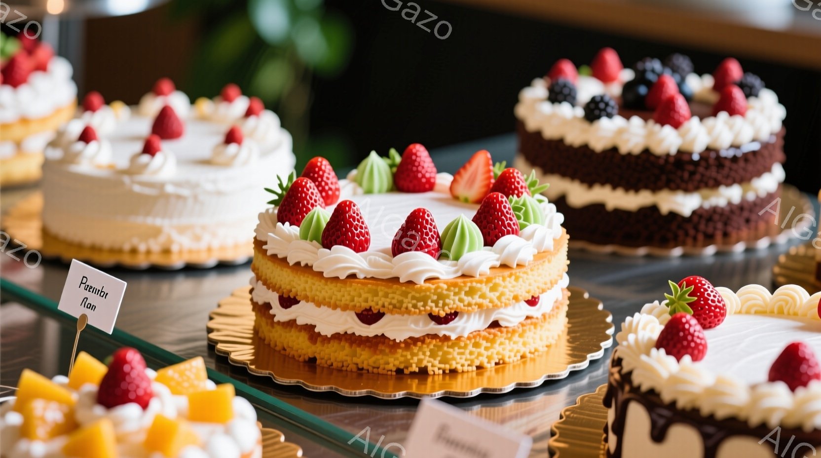 鮮やかな赤いイチゴや緑色のフルーツで飾られた、様々なケーキが並んでいます。ケーキは黄色のスポンジ生地と白いクリームが特徴で、ショーケースの中で美しく輝いています。背景にはぼやけた緑が見え、上品で食欲をそそる雰囲気が漂っています。