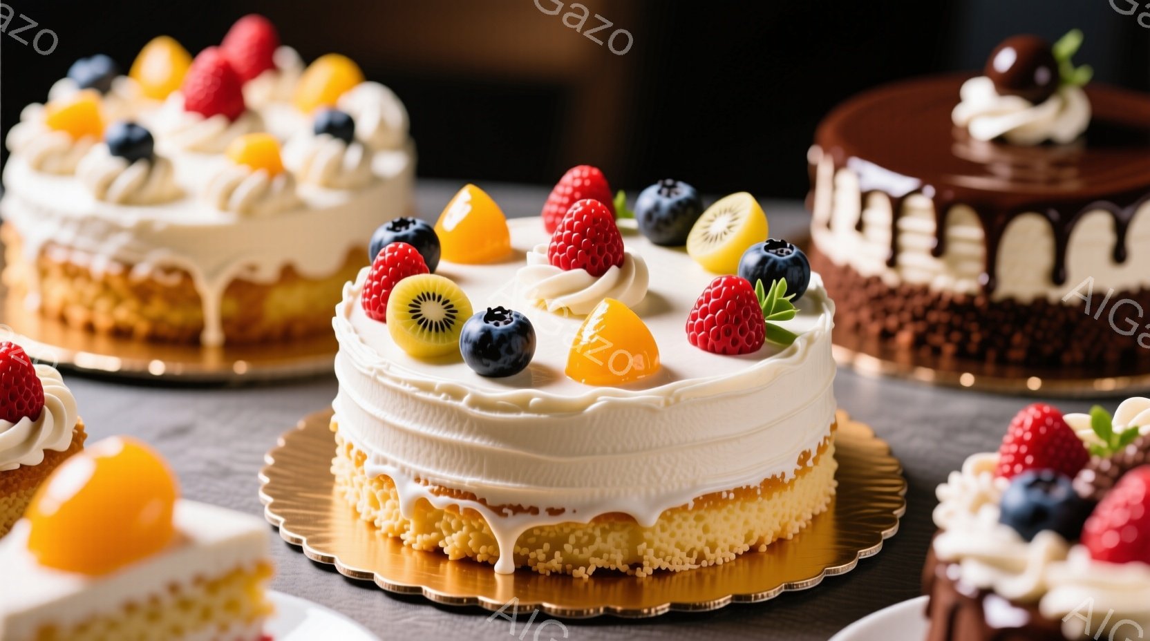 複数の可愛らしいケーキが、グレーの背景の上に並べられています。白を基調としたクリームと、色とりどりの新鮮なフルーツ（ブルーベリー、ラズベリー、キウイ、オレンジなど）が飾られており、見た目も華やかです。 - AI生成フリー素材