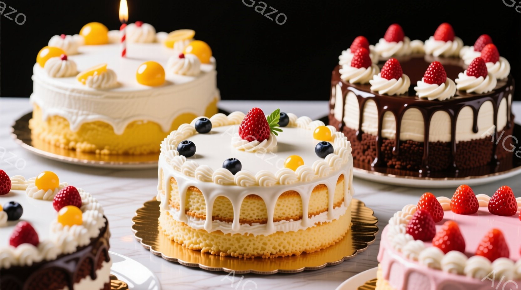 3つの豊かに装飾されたケーキを示す写真です。それぞれのケーキは異なる色と装飾があり、多くの果物や巧いデザインが見られます。背景は無地に黒で、光源は前方から来ており、その結果としてケーキは暗くなっています。普通の人物や動作、雰囲気といった要素は一切見つけられませんでした。