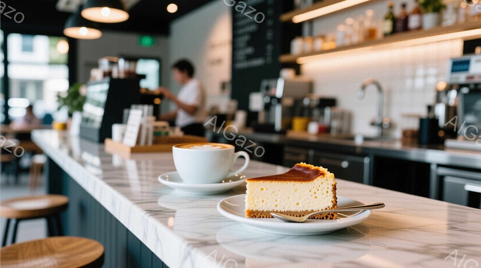 大理石のカウンターの上に、切り分けられたチーズケーキとコーヒーが置かれています。背景には、カウンターで何か作業をしている男性の姿が見え、カフェの落ち着いた雰囲気が伝わってきます。明るい光が差し込み、カフェ全体が温かく、心地よい空間を作り出しています。