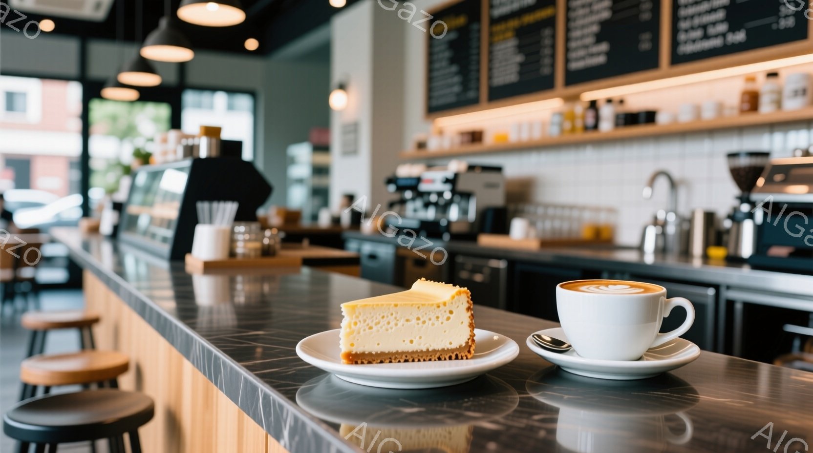 白いテーブルの上に、一切れのスライスチーズケーキと一杯のラテが置かれています。背景には、カウンターとコーヒーメーカー、そしてメニューが書かれた黒板が見え、カフェの店内であることが分かります。 全体的に、落ち着いた雰囲気で、カフェでの休憩時間やリラックスした時間を過ごせる空間を想起させます。