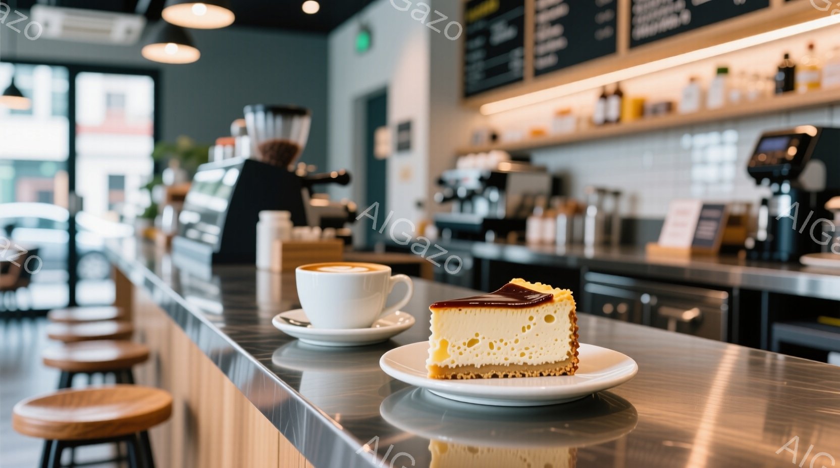 カウンター上にコーヒーカップとチーズケーキが置かれた写真です。カフェのカウンターは金属製で光沢があり、背景にはカウンター席と、レジやコーヒー器具が並んだカフェの様子が見えます。全体的に明るく清潔感があり、くつろぎのあるカフェの雰囲気が伝わってきます。