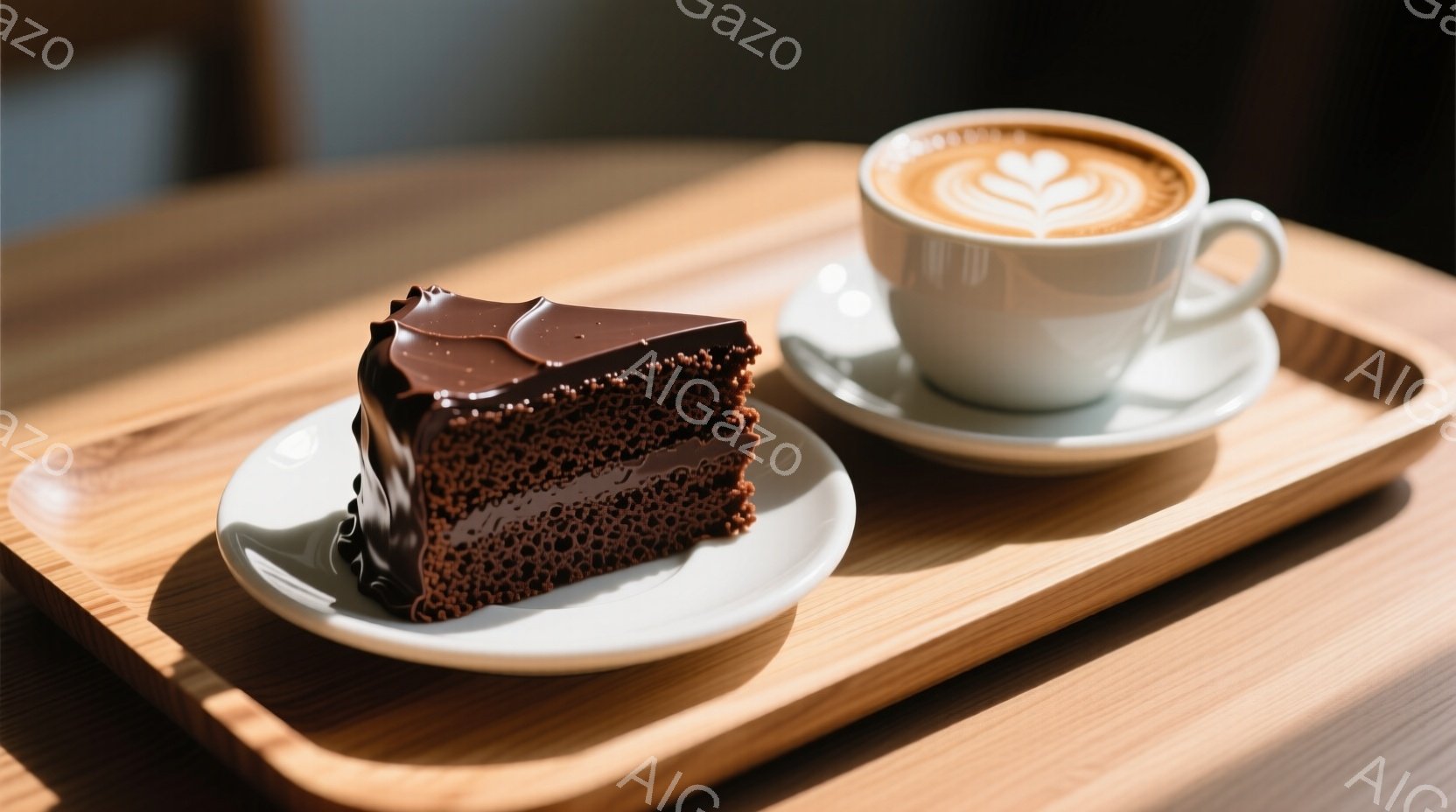 チョコレートケーキの一切れが白い皿に盛り付けられ、隣にはミルクフォームが美しいラテがカップとソーサーに乗せられています。ケーキは層になっており、しっとりとした質感が伝わってきます。木製のトレイの上に置 - AI生成フリー素材