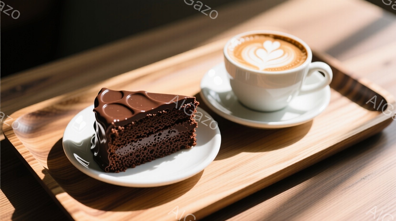 チョコレートケーキのスライスと白磁のカップが、木製のトレイに乗せられています。ケーキは表面が光沢があり、細かく砕かれたチョコレートで覆われています。カップには美しいラテアートが描かれ、全体的に暖かく、 - AI生成フリー素材