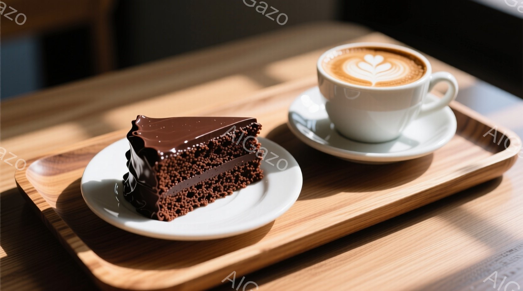 チョコレートケーキのスライスとカップに入ったラテが、木製のトレーに乗せてテーブルの上に置かれています。ケーキは濃厚なダークチョコレート色で、しっとりとした質感が伝わってきます。背景はぼかされており、温かく落ち着いたカフェのような雰囲気が漂っています。