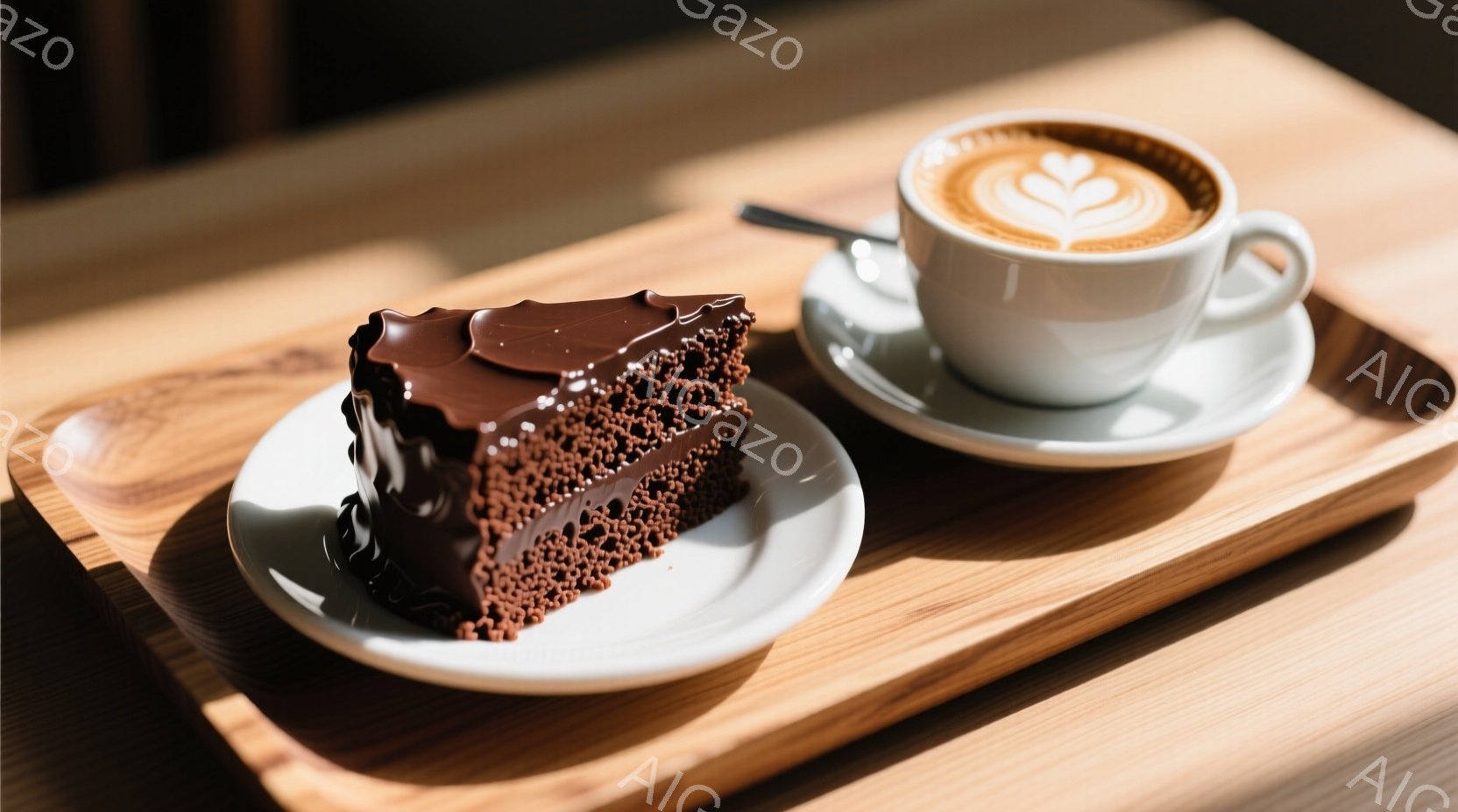 チョコレートケーキのスライスと一杯のコーヒーが、木製のトレイの上に置かれています。ケーキは濃厚なチョコレートで覆われ、ふっくらとしたスポンジ生地が見えます。温かい光が差し込み、コーヒーの表面には美しいラテアートが描かれ、落ち着いたカフェの雰囲気を醸し出しています。