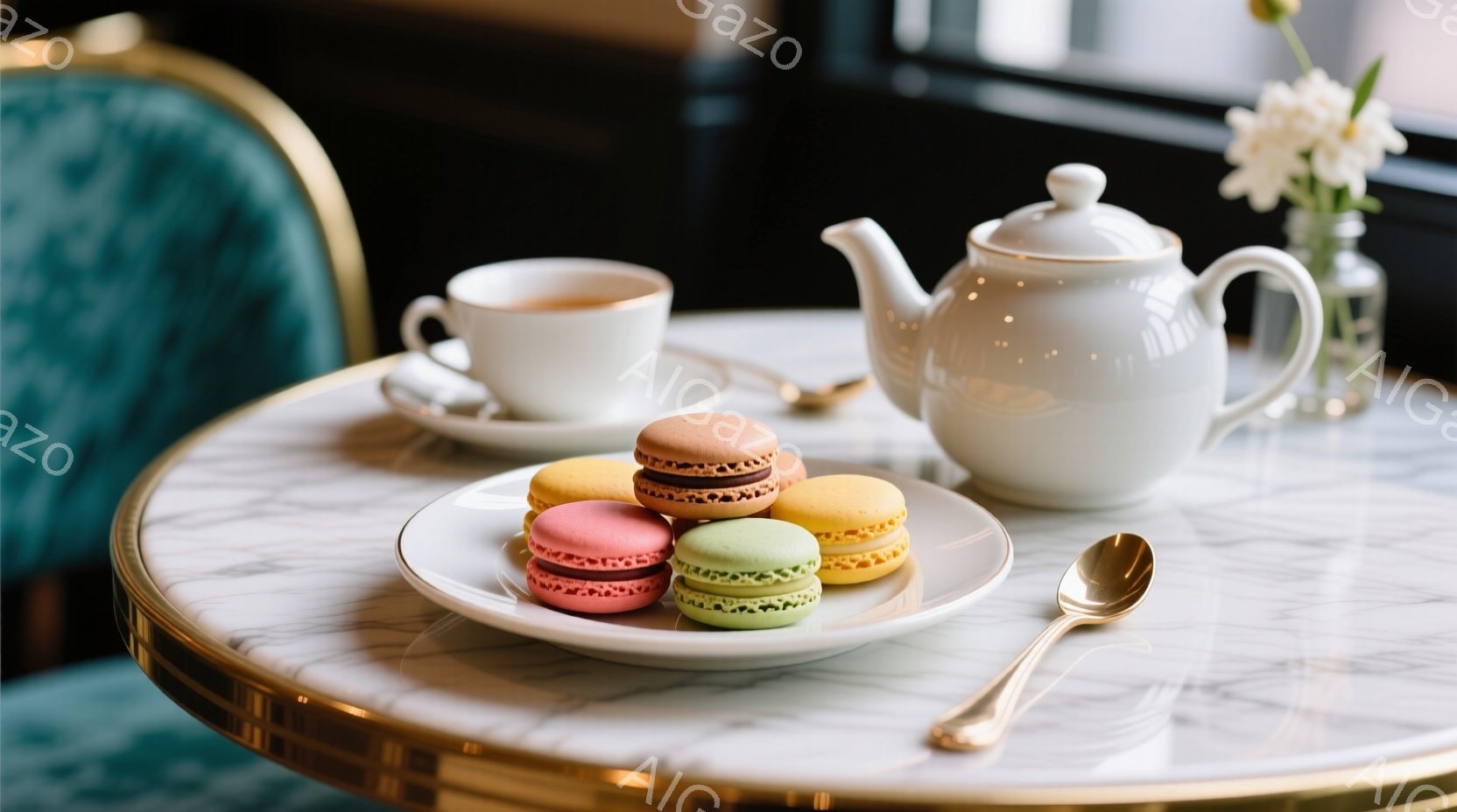 大理石のテーブルの上に、カラフルなマカロンが並べられた白いお皿が置かれています。テーブルの隣には、湯気の立つティーポットとティーカップが置かれ、優雅なティータイムの雰囲気が漂っています。背景には、ターコイズブルーの椅子が見え、上品で洗練された空間を演出しています。