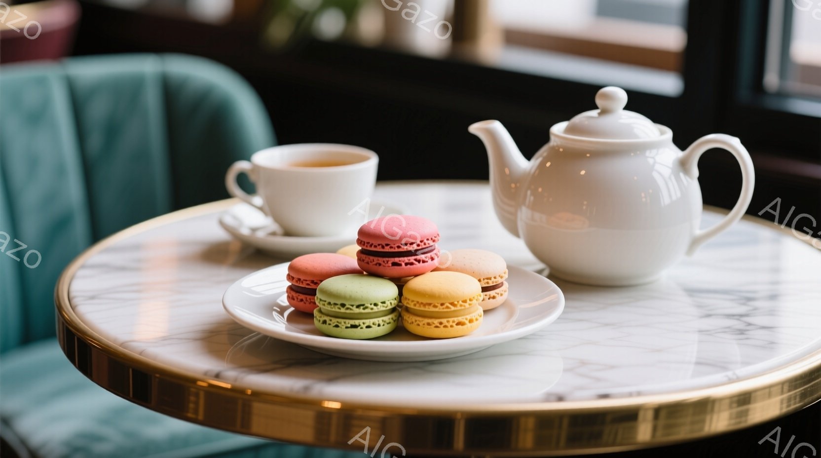 白い大理石模様のテーブルの上に、カラフルなマカロンが並んだ白い皿と、湯気の立つ白いティーポットとティーカップが置かれている。背景には緑色の椅子が見え、明るく上品なカフェの雰囲気が漂っている。全体的に、優雅でリラックスした午後のティータイムを連想させる穏やかな光景だ。