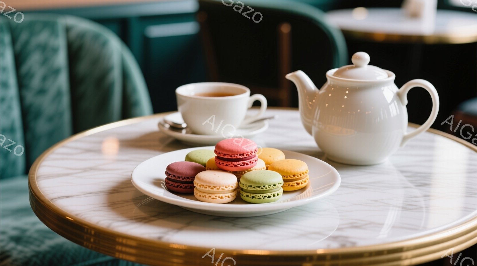 大理石模様のテーブルの上に、カラフルなマカロンが並べられた白い皿と、湯気の立つティーポット、ティーカップが置かれている。背景には緑色の椅子が見え、落ち着いた雰囲気のカフェまたはティータイムの様子を表している。明るい光の中で、マカロンの繊細な色彩とティーセットの優雅さが際立っている。