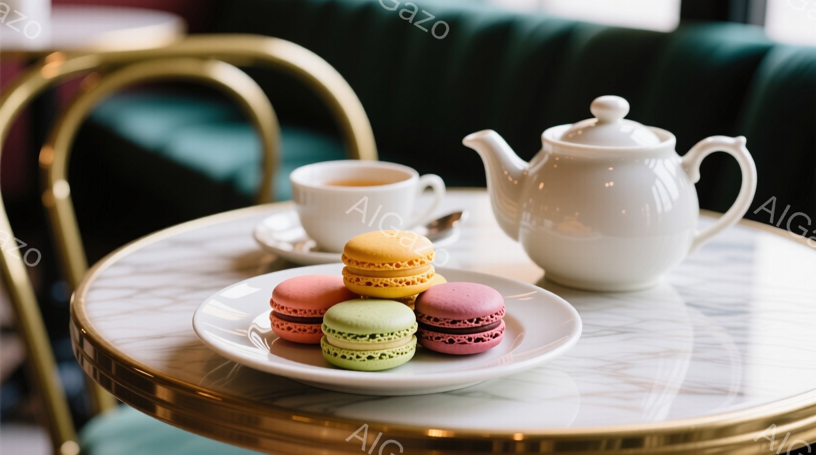 白い大理石模様のテーブルの上に、カラフルなマカロンが盛られた白い皿と、白いティーポット、ティーカップが置かれている。背景には、深緑色のベルベット張りの椅子が見え、優雅で落ち着いた雰囲気を醸し出している。光沢のある金の縁がテーブルと椅子を飾り、上品なティータイムの情景を捉えている。