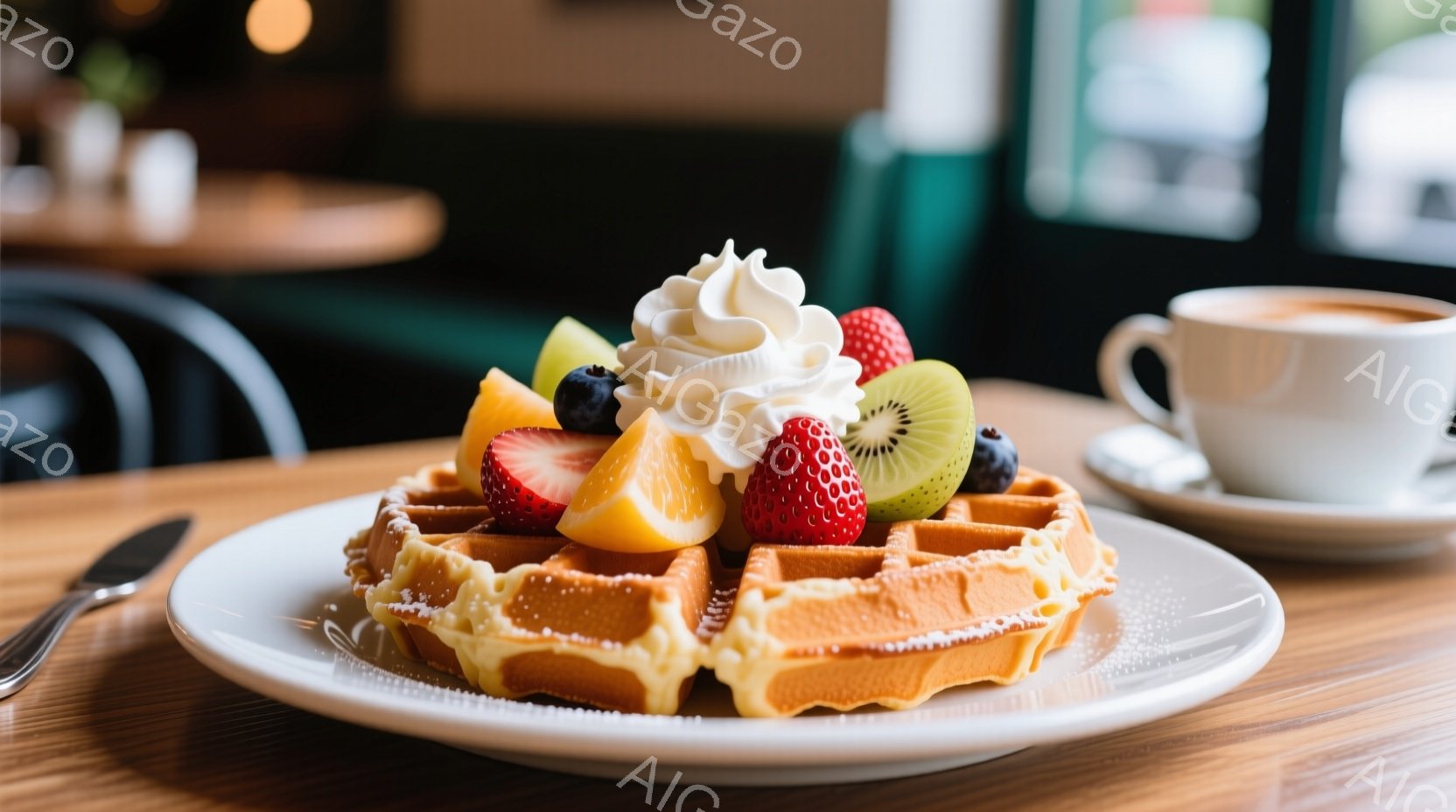ベルギーワッフルが皿に盛られ、新鮮なイチゴ、キウイ、オレンジ、ブルーベリー、ホイップクリームで飾られています。背景には、木製のテーブルと、ぼやけたカフェのインテリアが見え、温かみのある雰囲気を感じさせます。ワッフルは焼き色がついており、食欲をそそる美味しそうな光景です。